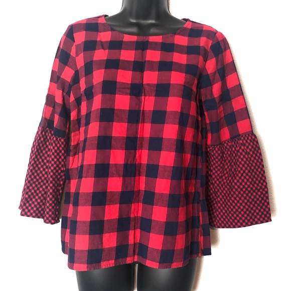 J.CREW MERCANTILE plaid boho bell sleeve shirt 2 - Picture 6 of 14